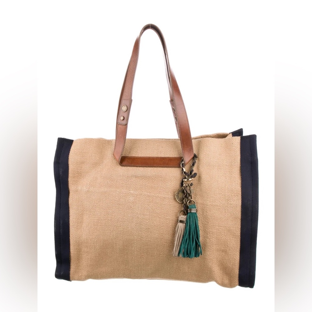 Lanvin Beige Canvas Tote with Black Trim and Brown Leather Handles